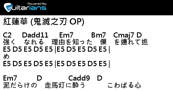 Lisa 紅蓮華 鬼滅之刃 Op 結他譜 Chord譜 吉他譜 曲 草野華余子 詞 Lisa Guitarians Com