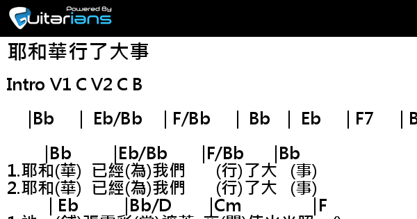 讚美之泉 耶和華行了大事結他譜chord譜吉他譜 曲 Grace Tseng 詞 Sandy Yu Guitarians Com